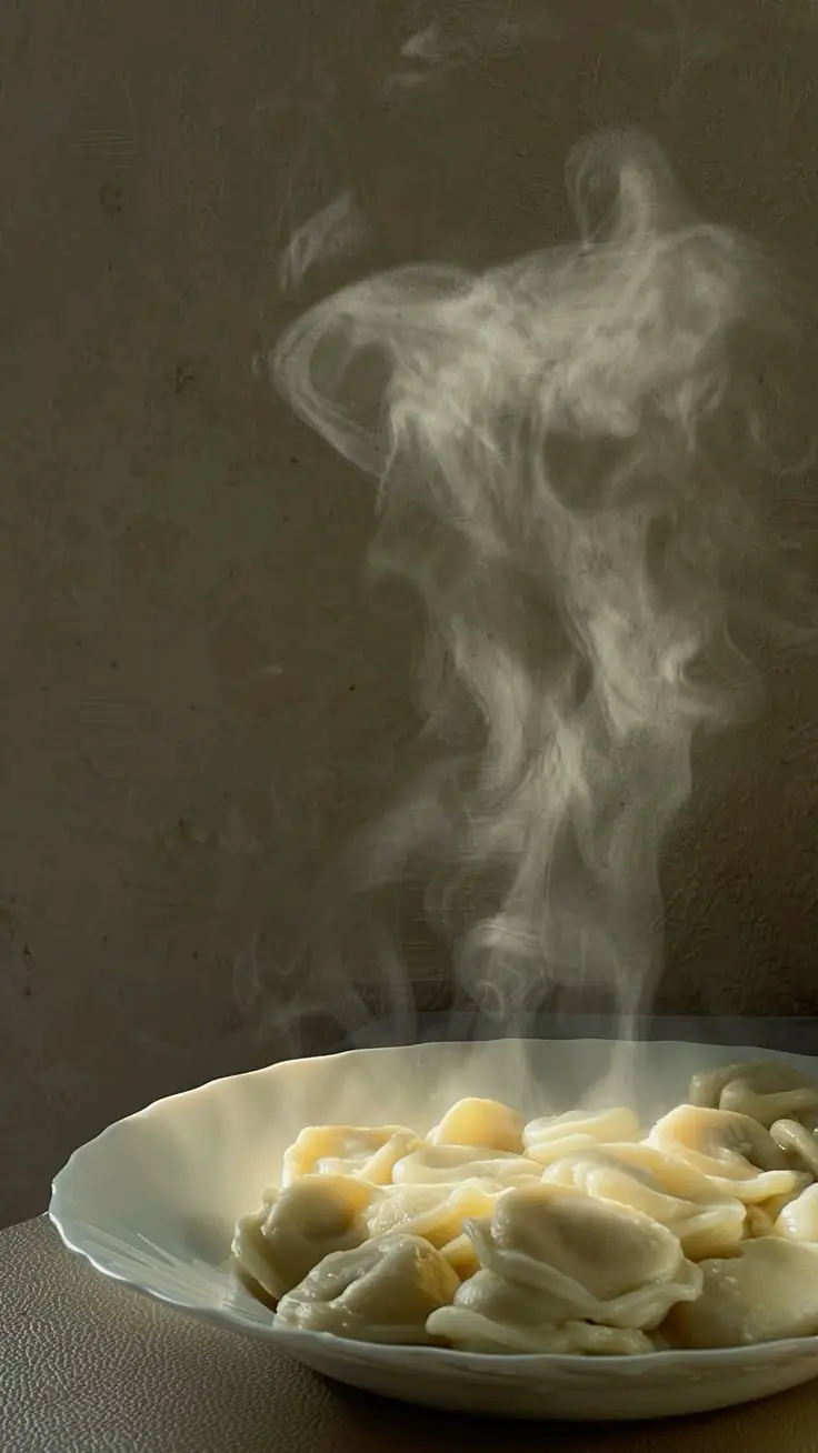Delicious steaming dumplings in a white bowl
